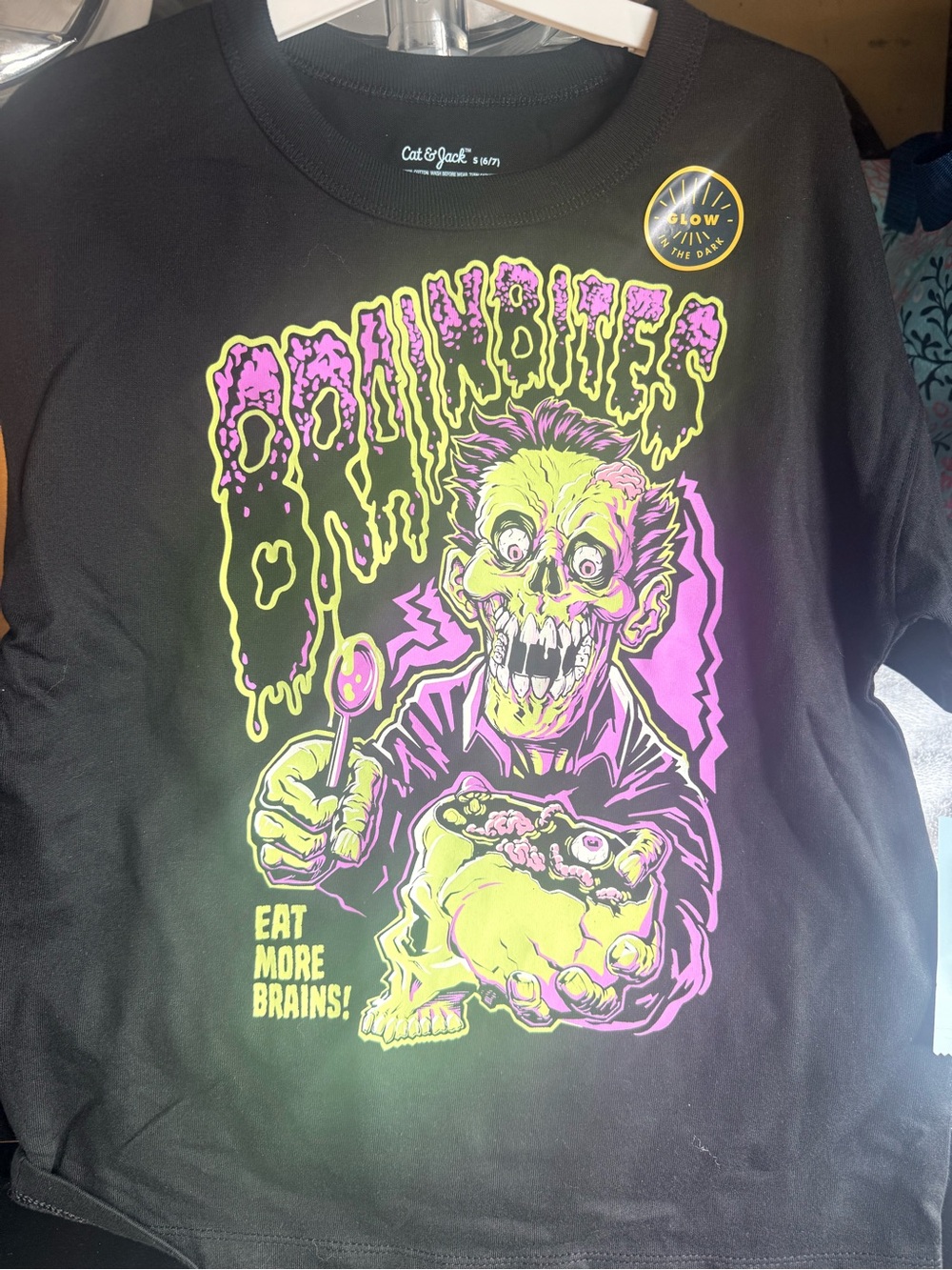Cat & Jack Black Graphic Tee with Neon Green & Pink Zombie Print